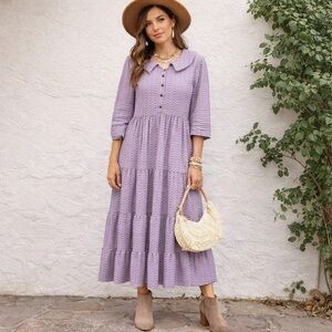 Purple Patterned Ruffle Midi Dress